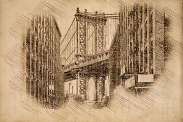 Brooklyn bridge, New York city, Manhattan with buildings,road, bridge, cityscape in outline style perspective view. Postcards design.