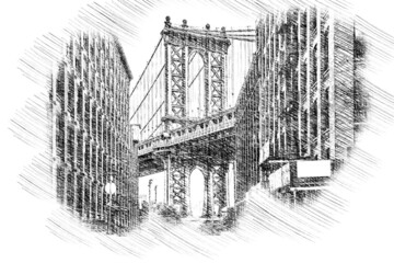 Brooklyn bridge, New York city, Manhattan with buildings,road, bridge, cityscape in outline style perspective view. Postcards design.
