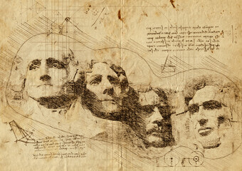 Sketch of Mount Rushmore National Memorial, South Dakota, America, hand-drawn. Da Vinci concept - obrazy, fototapety, plakaty