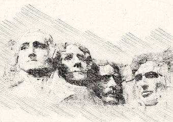 Sketch of Mount Rushmore National Memorial, South Dakota, America, hand-drawn.
