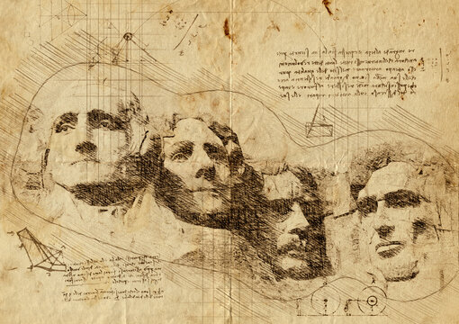 Sketch of Mount Rushmore National Memorial, South Dakota, America, hand-drawn. Da Vinci concept