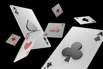Glowing casino cards game on dark black background - 3d render. Flying cards for online casinos and mobile gambling applications, poker - winner, wealth concept.