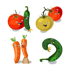 Cute vegetables characters kawaii for kids. Vector flat cartoon illustration