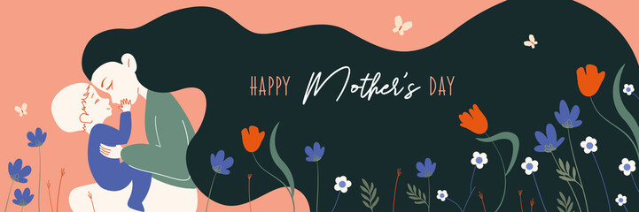 Vector banner with child kissing mother and hearts for mother's day