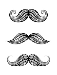 Moustache vector set. Isolated mustache icons. Black cartoon beard hair moustache illustration. Vintage barber silhouette. Funny face old style sketch. Retro hipster gentleman. Black Fathers day art