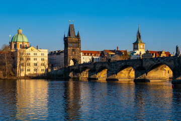 Fototapeta na wymiar Lesser Bridge Tower and a Charles Bridge in Prague ,Czech Republic .