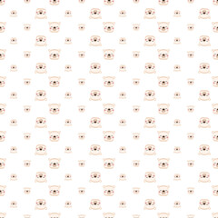 Seamless pattern with head of cute polar bear in childish style with smile muzzle and eyes. Funny print of white animal with happy face on brown background. Vector flat illustration for holidays