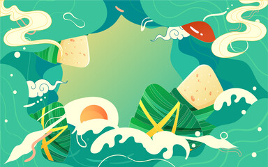 Dragon Boat Festival people are racing dragon boat with waves and zongzi in the background, vector illustration