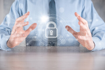 Cyber security network. Padlock icon and internet technology networking. Businessman protecting data personal information on tablet and virtual interface. Data protection privacy concept. GDPR. EU