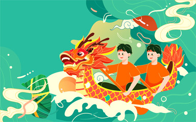Fototapeta na wymiar Dragon Boat Festival people are racing dragon boat with waves and zongzi in the background, vector illustration