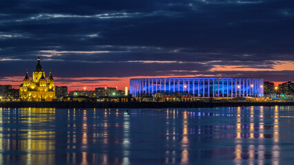 Cityscape of historical centre of Nizhny Novgorod after sunset.