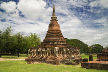 Chedi Surrounded by Elephants in Sukhothai, Thailand