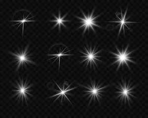 Set of silver flares, stars with highlights and reflection of light on a transparent background