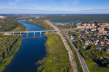 Aerial view of Gagarin bridge across Oka river on summer sunny day. Kaluga, Kaluga Oblast, Russia.