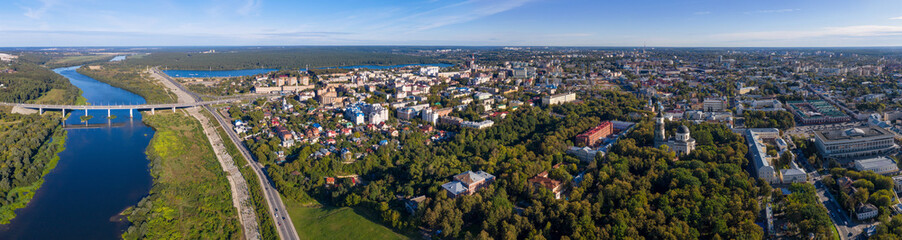 Panoramic view of Kaluga town and Oka river on summer sunny day. Kaluga, Kaluga Oblast, Russia.