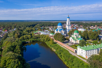 Aerial view of Kaluga Monastery Uspenskaya Tikhonova Pustyn on sunny summer day. Kaluga Oblast, Russia.