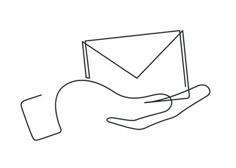 Continuous line drawing of hand holding an envelope. Vector illustration