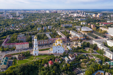 Fototapeta na wymiar Aerial view of central part of Bryansk town on sunny summer day, Russia.