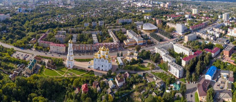 Panoramic aerial view of Bryansk and Troitsky (Trinity) cathedral on sunny summer day. Bryansk Oblast, Russia.