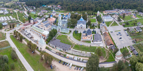 Panoramic aerial view of Optina Pustyn monastery on cloudy summer day. Kaluga Oblast, Russia.