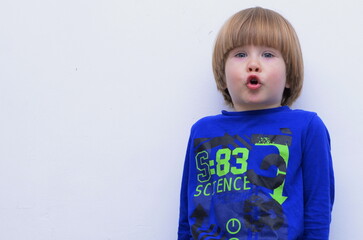 Funny little boy funny face expression. The child is embarrassment, surprise, surprise. Isolate....