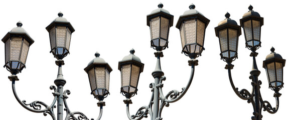 Fototapeta na wymiar Collection of old street lamp posts isolated on white background. Brescia downtown, Loggia town square (Piazza della Loggia), Lombardy, Italy, Southern Europe.