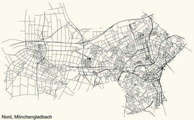 Detailed navigation black lines urban street roads map of the NORD BOROUGH of the German regional capital city of Mönchengladbach, Germany on vintage beige background
