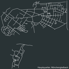Detailed negative navigation white lines urban street roads map of the HAUPTQUARTIER DISTRICT of the German regional capital city of Mönchengladbach, Germany on dark gray background