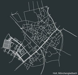 Detailed negative navigation white lines urban street roads map of the HOLT DISTRICT of the German regional capital city of Mönchengladbach, Germany on dark gray background