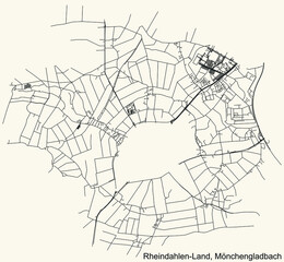 Detailed navigation black lines urban street roads map of the RHEINDAHLEN-LAND DISTRICT of the German regional capital city of Mönchengladbach, Germany on vintage beige background