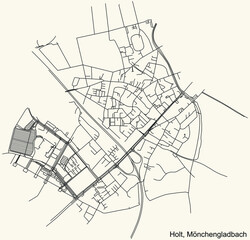 Fototapeta na wymiar Detailed navigation black lines urban street roads map of the HOLT DISTRICT of the German regional capital city of Mönchengladbach, Germany on vintage beige background
