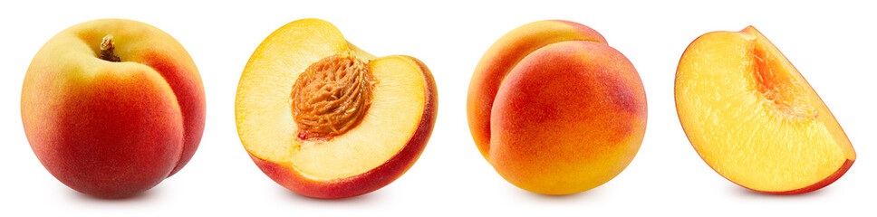 Peach collection. Peach set isolated on white background. Peach macro. With clipping path - obrazy, fototapety, plakaty