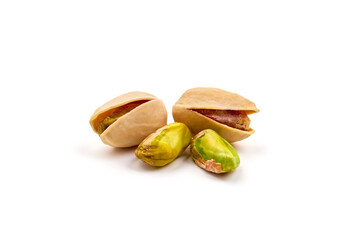 Salted Pistachio nuts, isolated on white background.