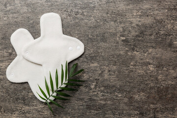 lean feminine sanitary napkin with green leaf. Absence of menstruation in woman. Minimal concept of female menopause. Copy space top view © sosiukin