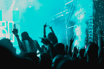 cheering crowd with raised hands at concert - music festival