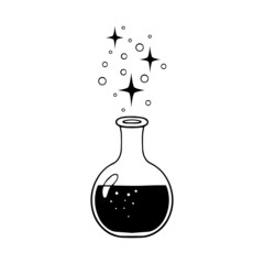 Magic glass bottle sketch. Alchemist elixir, love potion with mystical sparks