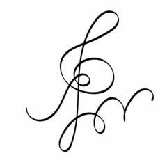 Music key hand-drawn doodle. Element from the science of music. Silhouette. Symbol of melody, vector illustration of black shape.