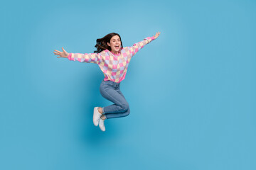 Fototapeta na wymiar Full size profile side photo of young cheerful girl have fun dream hands wings isolated over blue color background