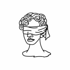 A blindfolded Themis, a symbol of law and justice, a hand-drawn sketch-style doodle. Justice. Greece. Scales of Justice. Head of the goddess of justice.