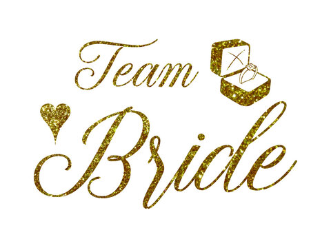 Team Bride golden quote with heart on white. For t-shirts, wedding decoration. Vector text. Bachelorette party calligraphy invitation card, banner or poster graphic design lettering vector element. 
