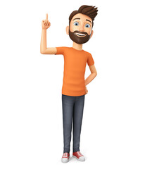 Cartoon character guy shows thumb up on blank on white background. 3d render illustration.