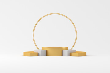 Empty white stand with gold on a white background. 3D rendering. Illustrations for advertising.