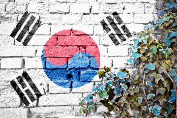 South Korea grunge flag on brick wall with ivy plant