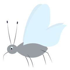 Mosquito. A blood-sucking insect with a sharp proboscis. Color vector illustration. A cute creature with a mustache and blue wings. Isolated background. Flat style. Idea for web design.