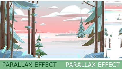 Winter rural landscape with parallax effect. Coniferous trees in the snow. Beautiful evening or morning sky. Far horizon. Illustration in cartoon style flat design. Vector