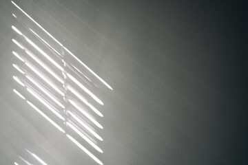 Shadows on wall. Abstract light, black shadow overlay from window on white texture wall. Sunlight architecture background. For product presentation, backdrop and mockup, summer seasonal concept.