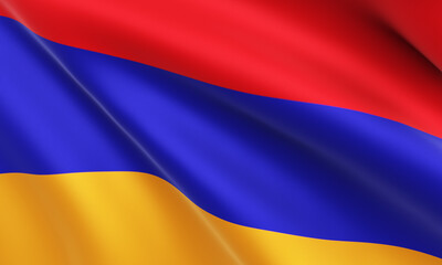 The flag of Armenia flutters in the wind, close-up. Red, blue and orange stripes of the national flag of Armenia. Fragment of the textile flag of Armenia. Texture or background. 3D render