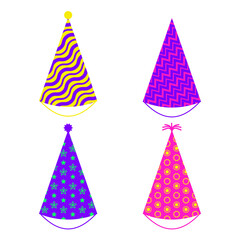 Birthday party hats set isolated on white background. Colorful paper caps with stars, ellipses, waves, zigzags. Cartoon vector illustration for celebration. Flat holiday decoration