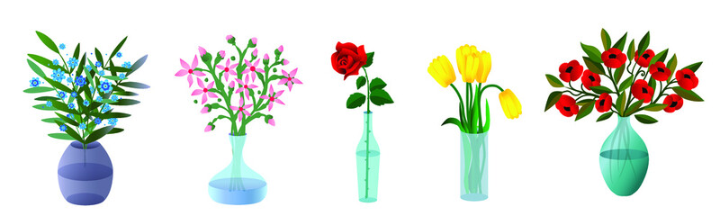 Set of beautiful bouquets of different flowers. Vector illustration.