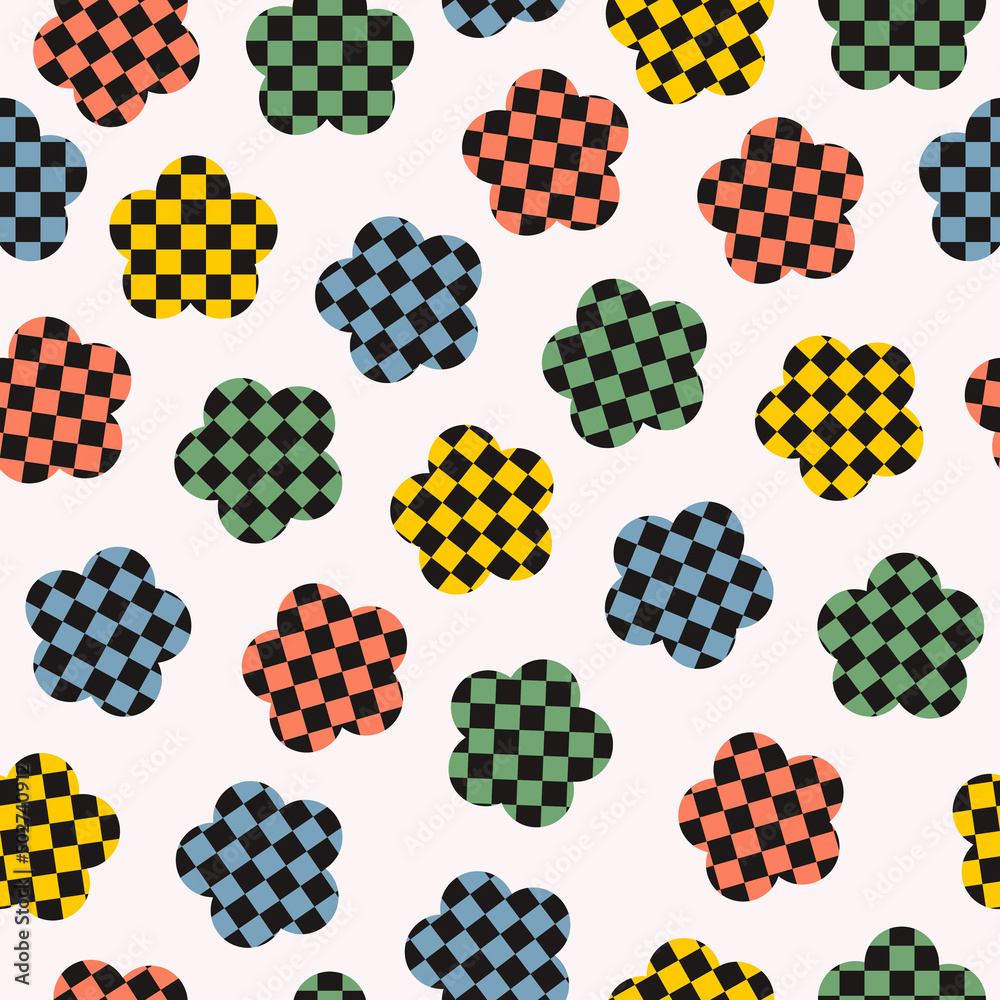 Poster retro groovy daisy flowers print with checkered background. abstract seamless pattern in style 60s, 